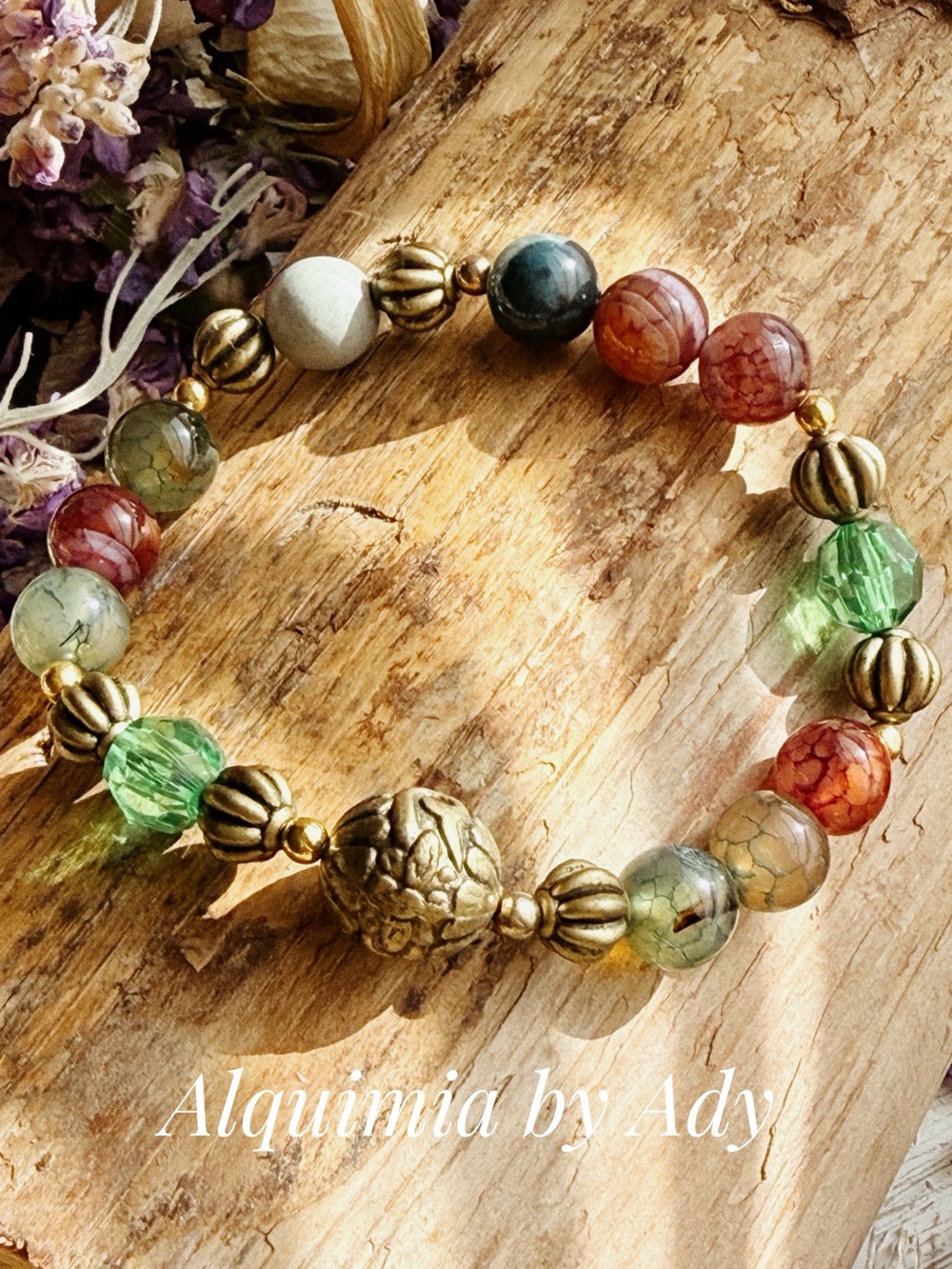 INDIAN AGATE Green, Orange & Purple Beaded Bracelet with gold Accents